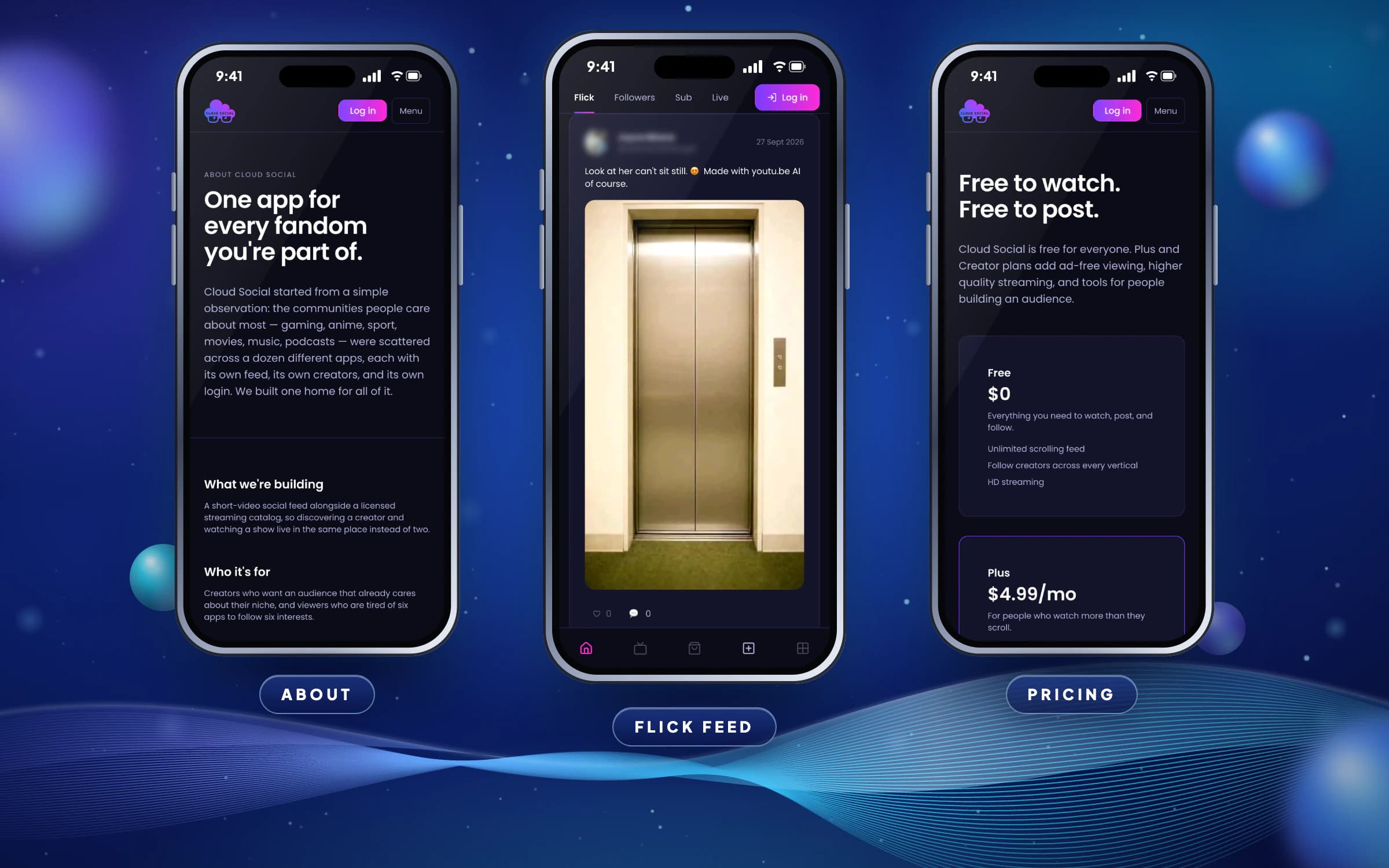 Three phones showing the responsive Cloud Social site at 430px wide: the About page, a Flick feed post with the bottom tab bar, and the Pricing page