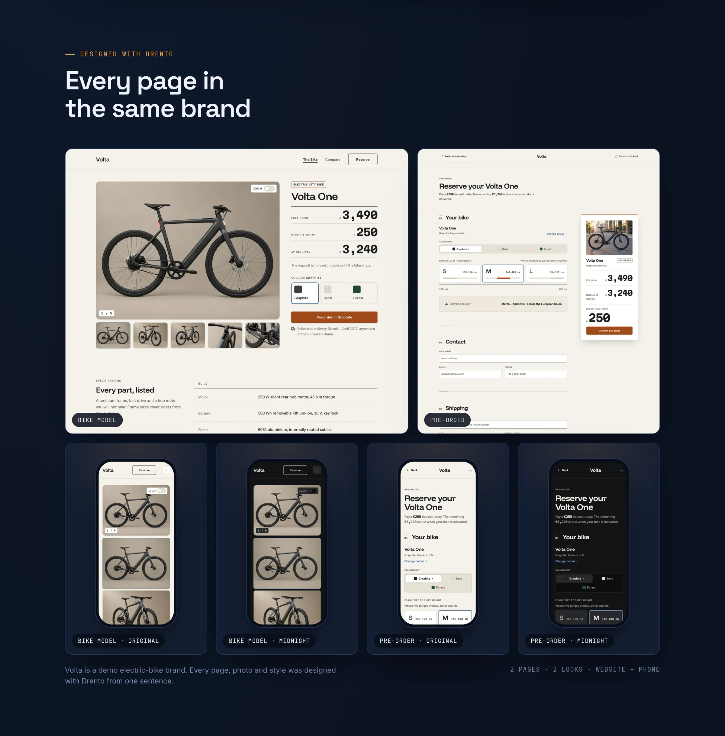 Volta bike model and pre-order pages designed with Drento, shown on desktop and on phones in Original and Midnight looks