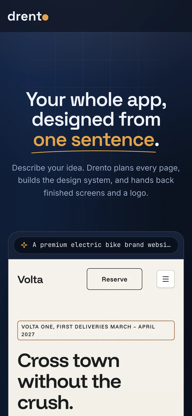 Drento on mobile: headline, description and the live Volta demo on a 390px-wide screen
